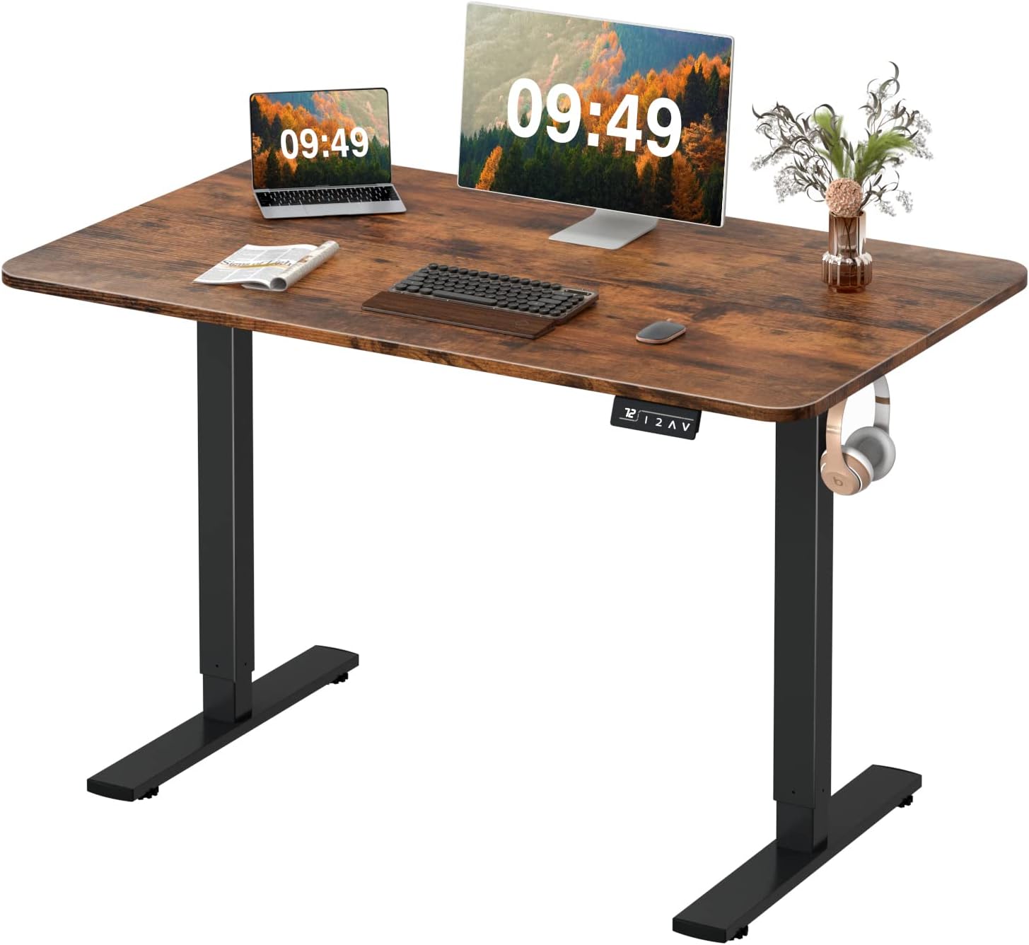 Affordable Height Adjustable Table – Electric Single Motor (Work From Home Series) rising desk black color frame brown table top solid wood ergologic standup desk