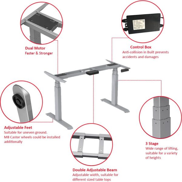 EL002-SGR-P-SW-1500X750 Ergologic imported Dual Motor 3 Stage GREY Color Desk Electric hydraulic Height Standing Adjustable Desk Frame Two Stage office motorized automatic Table Premium Quality