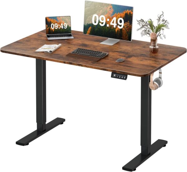 Affordable Height Adjustable Table Desk – Electric Single Motor (Work From Home Series) rising desk black color frame brown table top solid wood ergologic standup desk