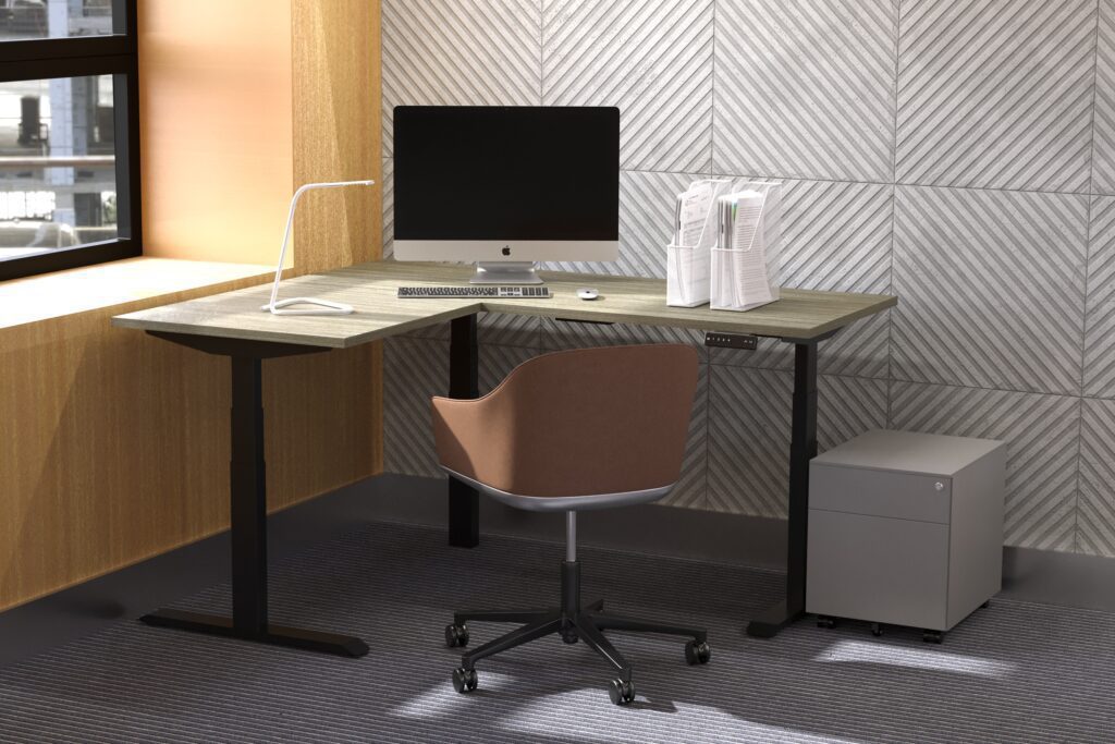 sit to standing desk table L shape ergologic desk work from home office setup