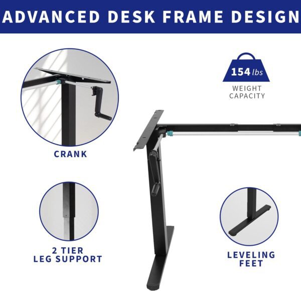 Hand Crank Manual Height Adjustable Standing Desk Frame (Height Adjustable Table) No Table Top Black Frame