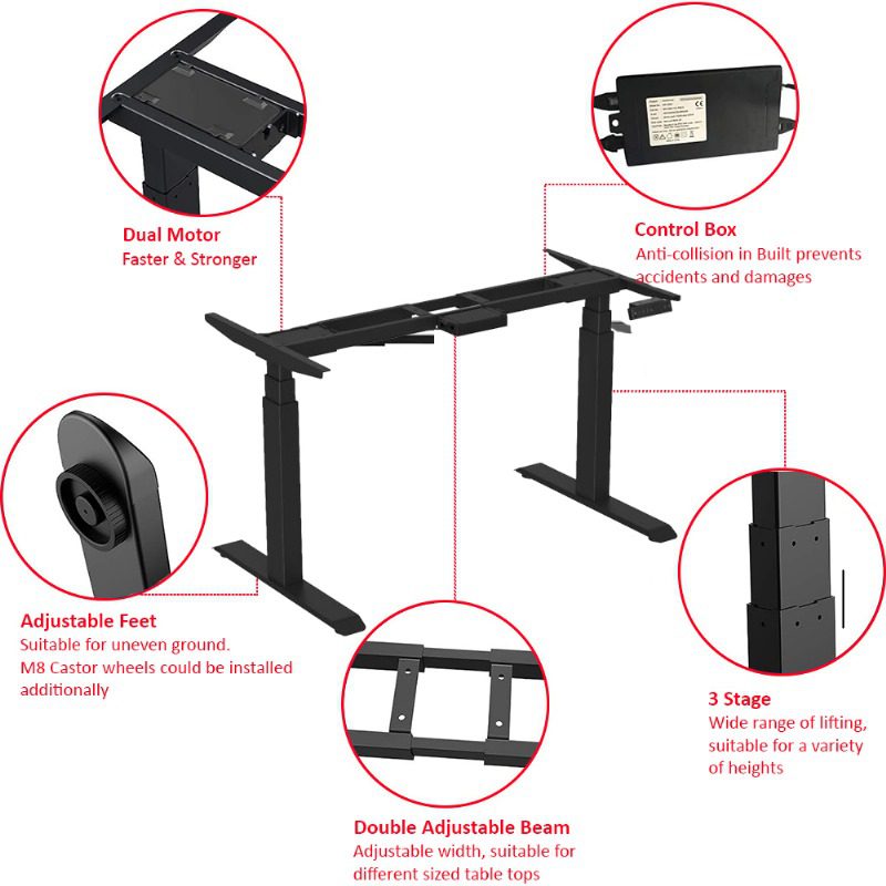 Dual Motor Electric Height Adjustable Desk With Table Top 3 Stage