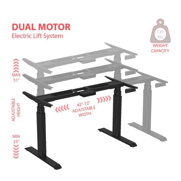 EL002-SBR-P-LO-1200X600 Ergologic imported Dual Motor 2 Stage Black Color Desk Electric hydraulic Height Standing Adjustable Desk Frame Three Stage office motorized automatic Table Premium Quality