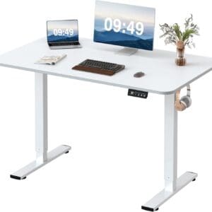 Height Adjustable Table Electric Single Motor Standing Desk Work From Home Series premium quality white color frame white table top mdf solid wood ergologic with rounded edges