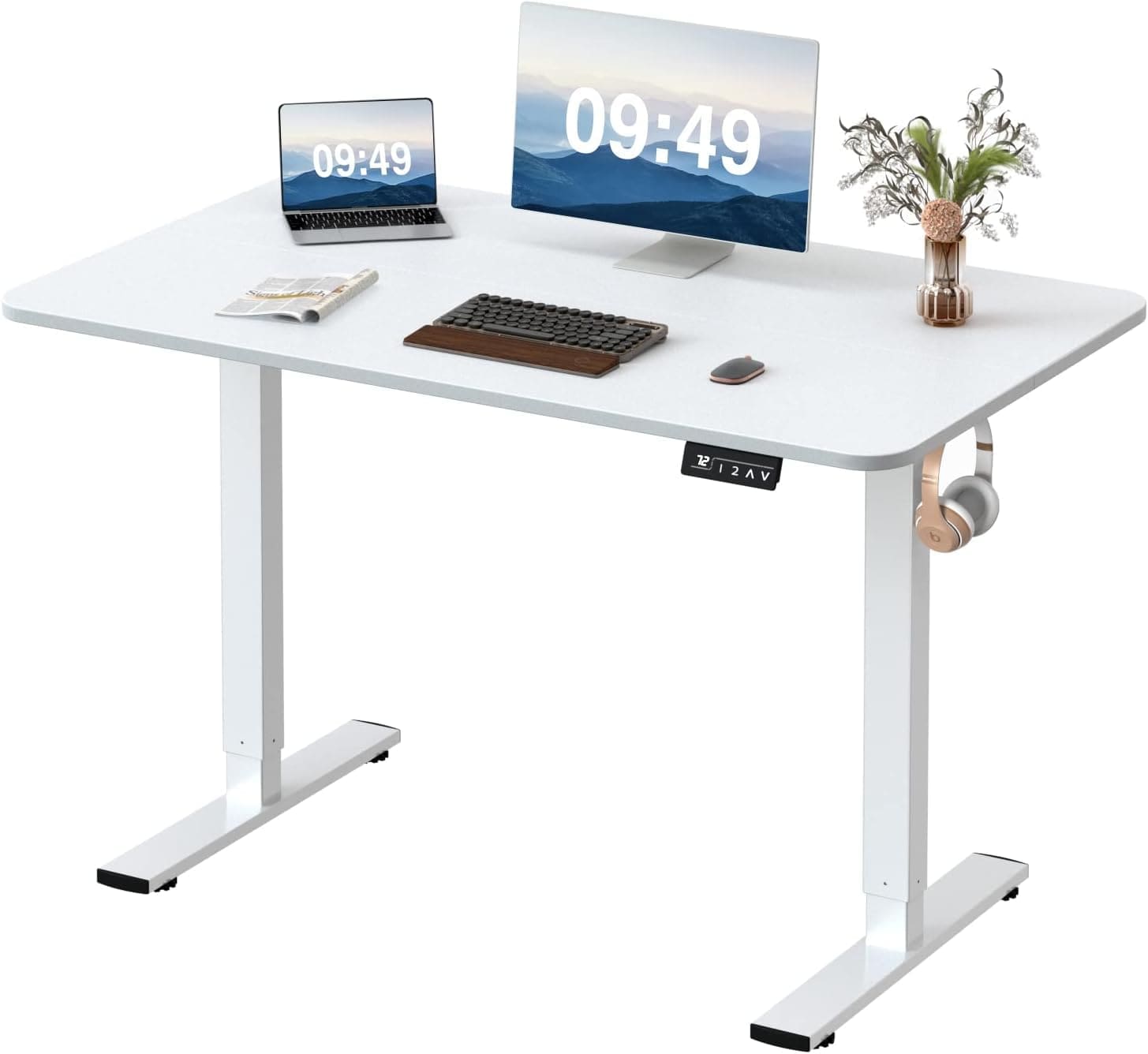 Height Adjustable Table - Electric Single Motor Standing Desk Work From Home Series premium quality white color frame white table top mdf solid wood ergologic with rounded edges